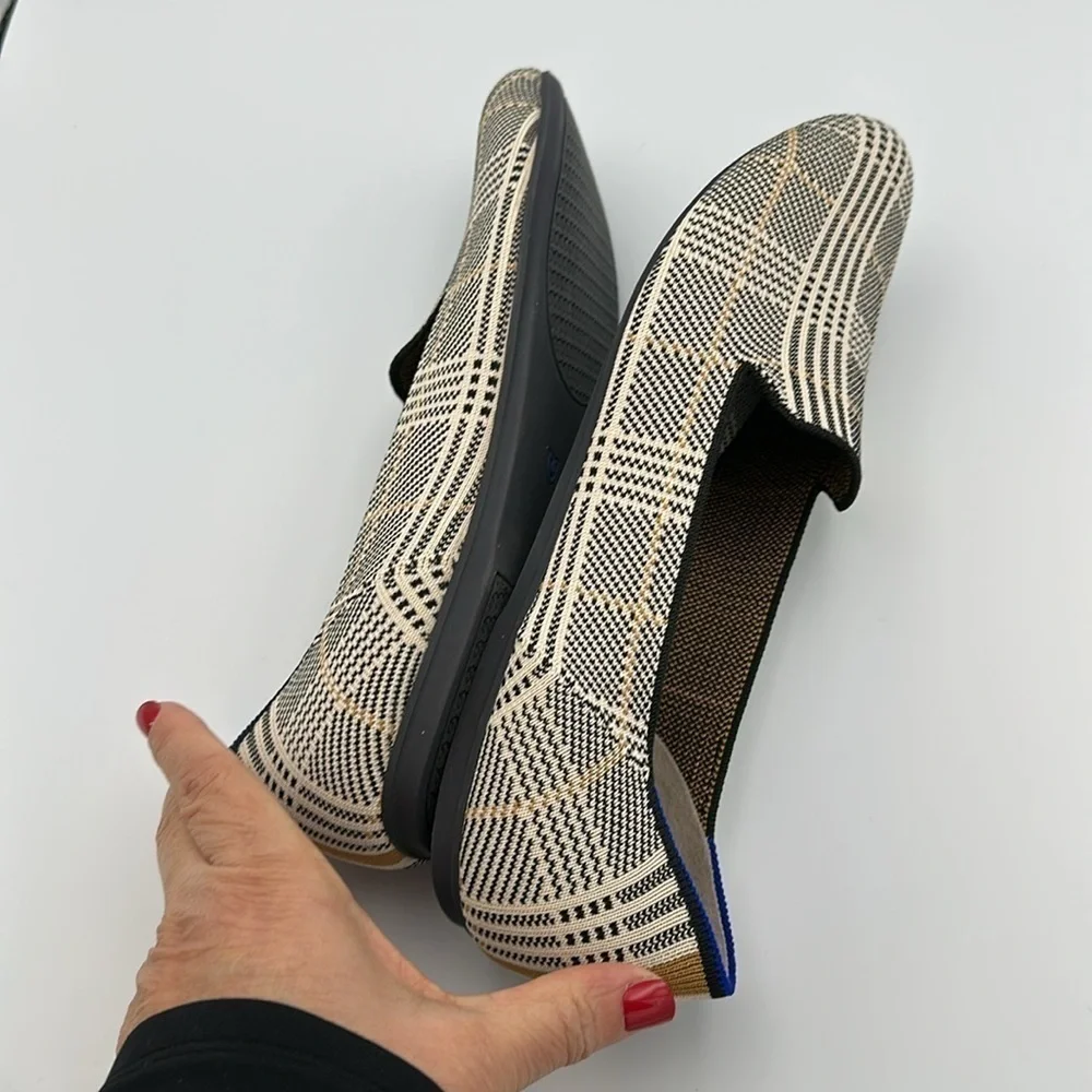 Rothy's The Loafer Ivory Glen Plaid Slip On Washable Flats Preppy Print Sz13
